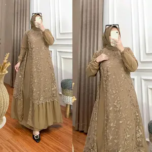 KAMILA DRESS GAMIS LENGKAP HIJAB CERUTY BROKAT LEBARAN dengan Desain Elegan dan Detail Brokat yang Menawan