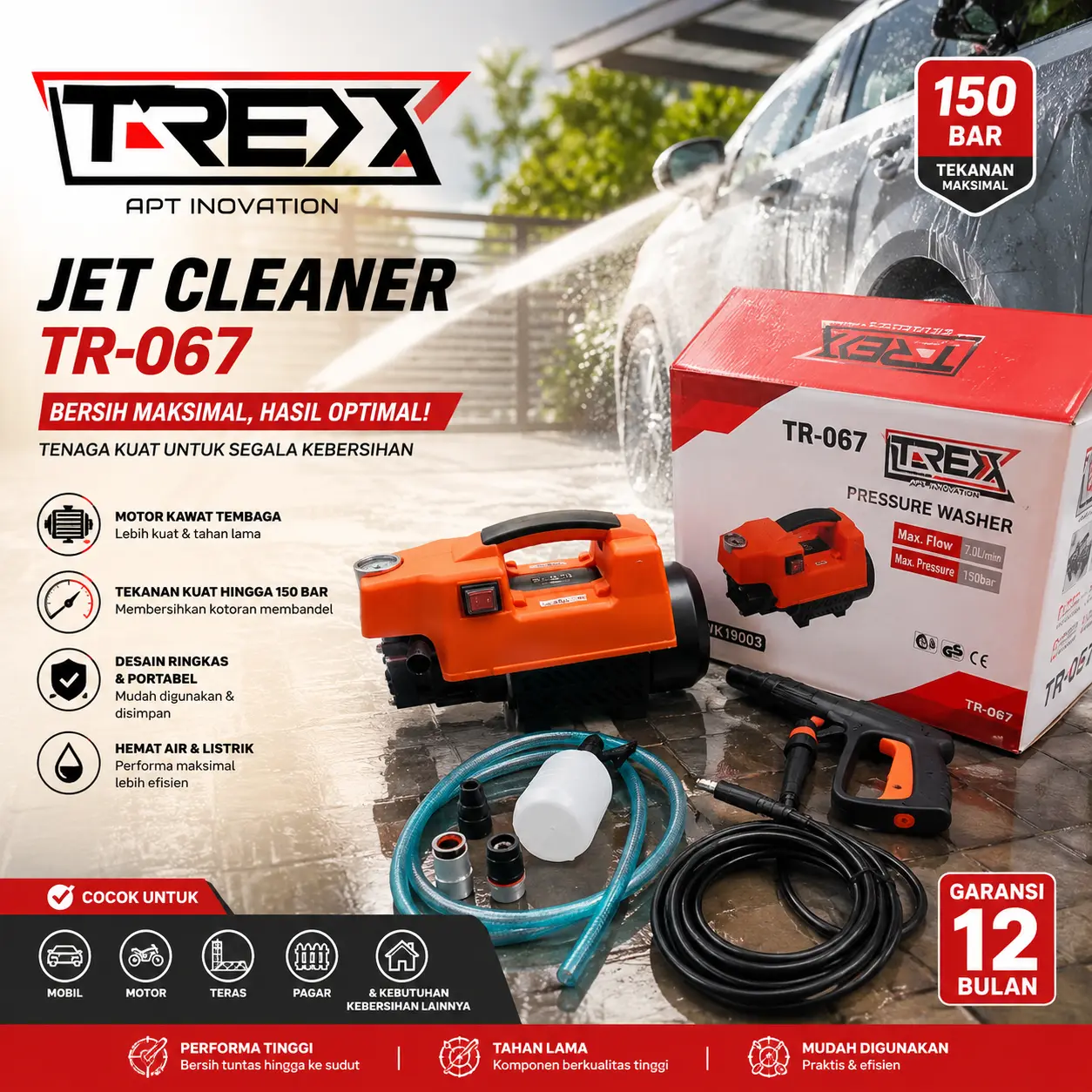T-REX Mesin Jet Cleaner High Pressure Washer 150 Bar TR-067 Mesin Cuci Steam dengan Tekanan 150 Bar dan Power 750Watt Ergonomis dan Compact