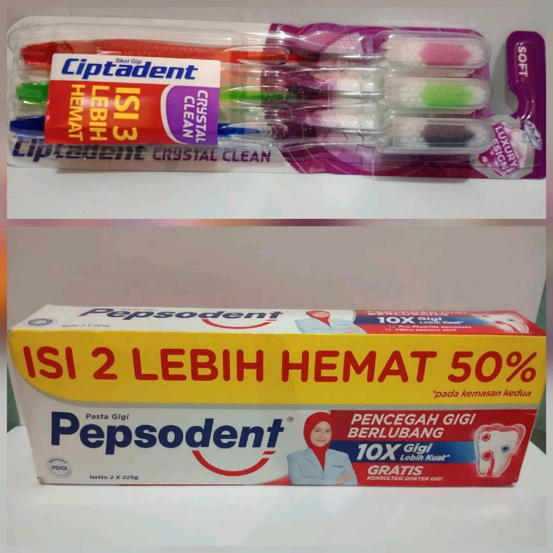 Pepsodent 225 gram isi 2 pcs dan Sikat gigi Ciptadent isi 3 pcs Bersihkan 0