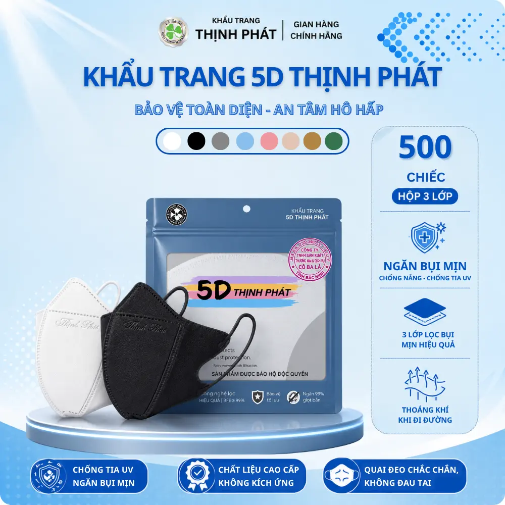 COMBO 500 CHIẾC KHẨU TRANG 5D THỊNH PHÁT 3 Lớp Chất Liệu Vải Không Dệt An Toàn Cho Sức Khỏe Kiểu Dáng 3D Thông Minh Dây Thun Mềm Mại Đa Chiều Thoáng Khí