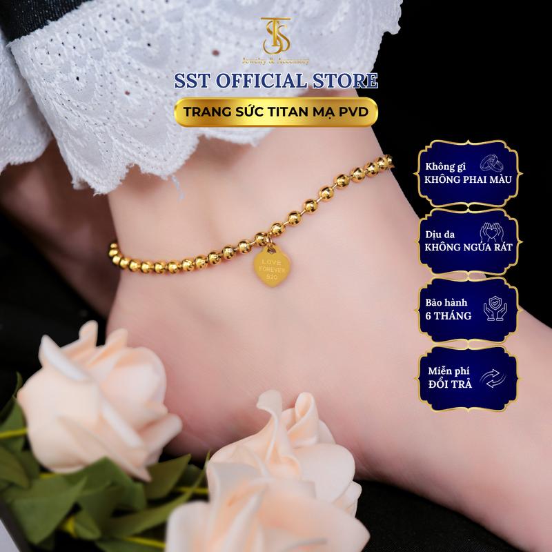 Lắc chân Titan SST Dây bi mặt tim khắc chữ Forever Love Không Đen Gỉ LC07