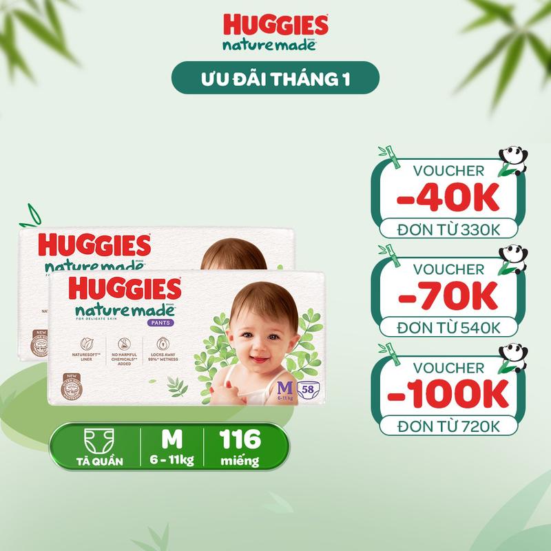 Combo 2 Tã Bỉm quần Huggies Platinum NatureMade Size M58 L44 XL38 XXL26 XXXL28