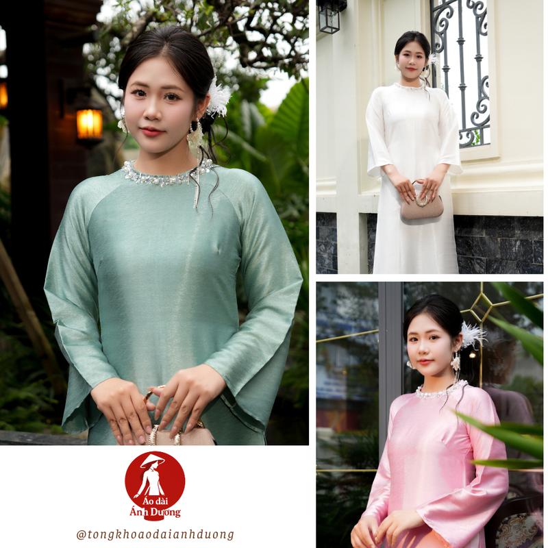 Áo Dài Dáng Suông Bích Vân Tay Lỡ Loe Lỡ Dài Cổ Đính Pha Lê Lụa Tơ Vân Cao Cấp phù hợp mặc lễ Tết đám Cưới Hỏi đi chơi - Áo Dài Ánh Dương