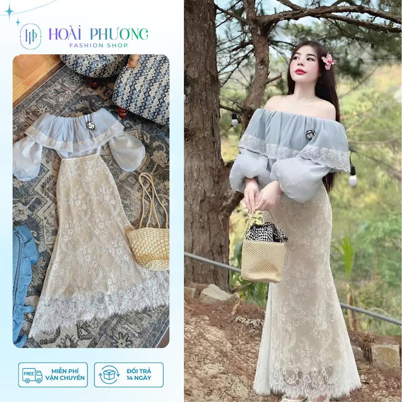 Set Áo Trễ Vai Viền Ren Mix Chân Váy Ren Dáng Dài Đuôi Cá Kèm Tag Hoa Trà Nhẹ Nhàng Nữ Tính