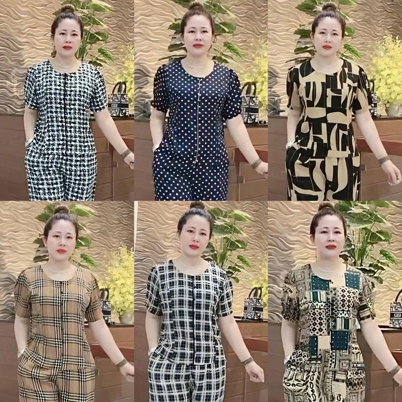 Set bộ vải mango gồm áo và quần hoạ tiết sang trọng, Mã HD147 đồ bộ caro đồ bộ người lớn tuổi 60 tuổi đồ bộ big size