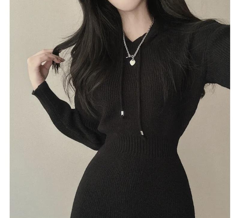 Váy Dệt Kim Có Mũ Màu Trắng Cho Nữ, Mùa Thu Và Mùa Đông, Eo Bó Sát Mới, Có Thể Mặc Bên Trong, Váy Len, Đế Hẹp, Váy Ngắn đầmbody cổtàu 5