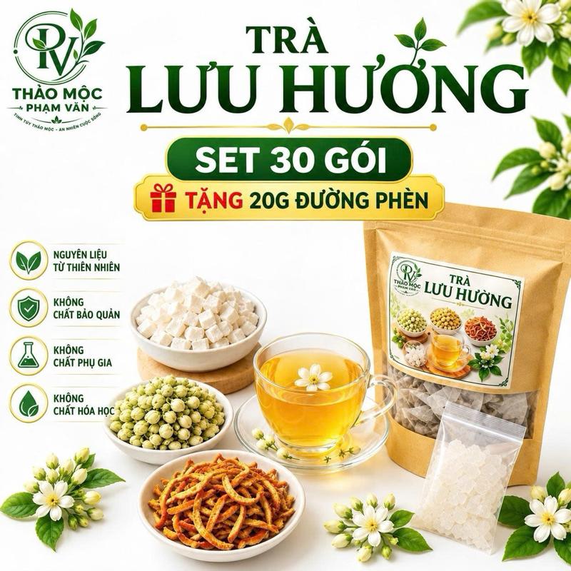 ( NEW Sét 30gói) Trà Lưu Hương Toả Hương Hoa Nhài Trần Bì Bạch Phục Linh tặng 20g đường phèn Sâm lài