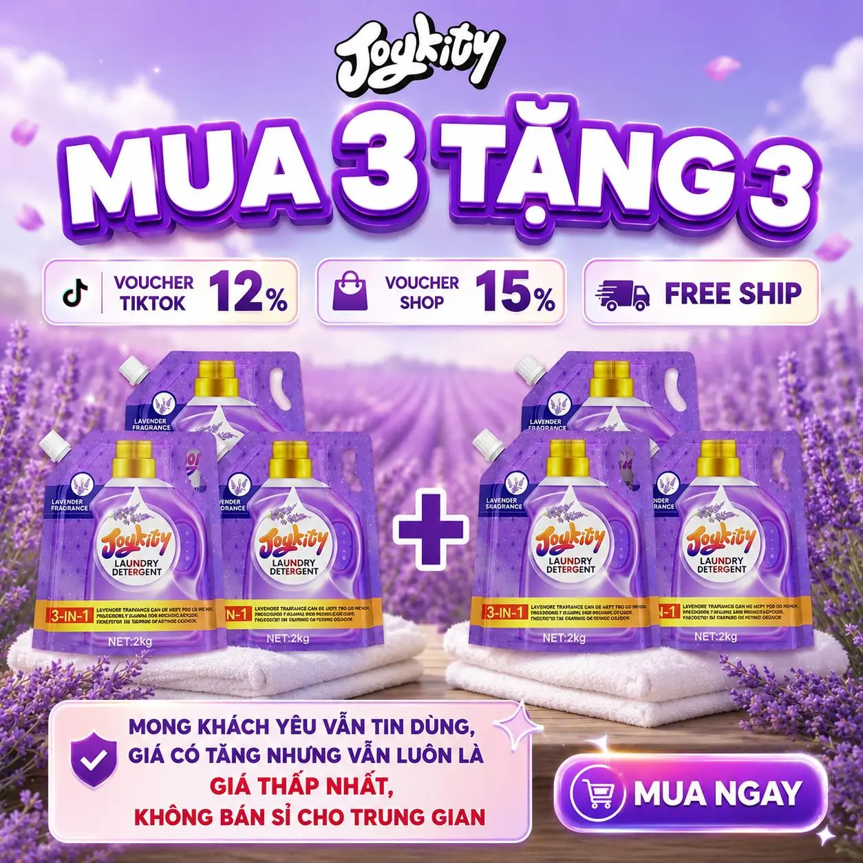 [THÙNG 12KG]  MUA 3 TẶNG 3 Nước Giặt Xả Joykity Hương Lavender Lưu Hương Thơm Lâu / Dịu Nhẹ An Toàn Cho Da / Làm Sạch Tốt / Làm Bền Màu Quần Áo