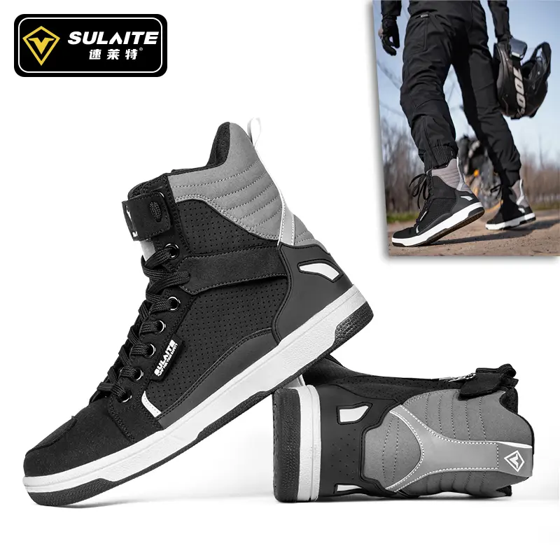 Motorcycle Leather Boots Street Riding Shoes Anti-Slip Side Zipper Shoes for Men and Women Footwear Boy