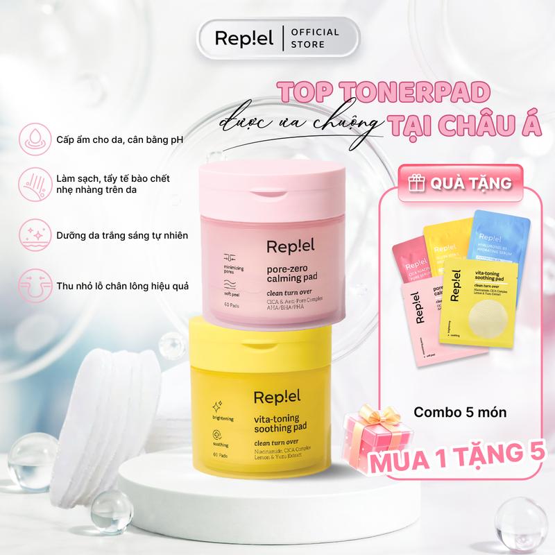 Toner Pad REPIEL Cấp Ẩm, Làm Dịu, Dưỡng Sáng Da Và Mờ Thâm Vita Toning Soothing - Pore Zero Calming (Hộp 60 miếng)
