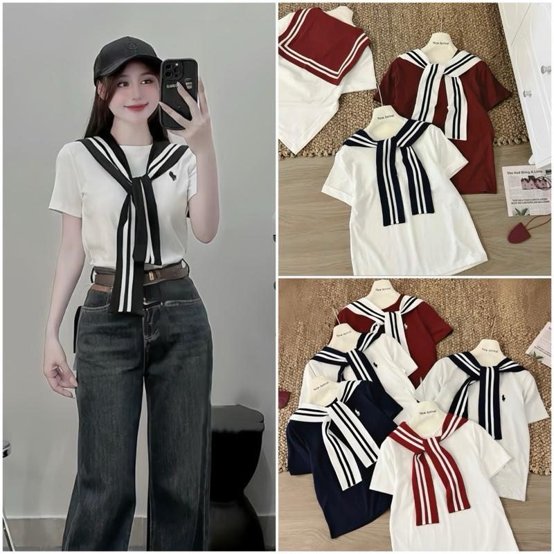   Sét 2 Món  Áo Thun Kèm Khăn Thuỷ Thủ Thêu Cô Gái Cưỡi Ngựa Nhiều Màu 