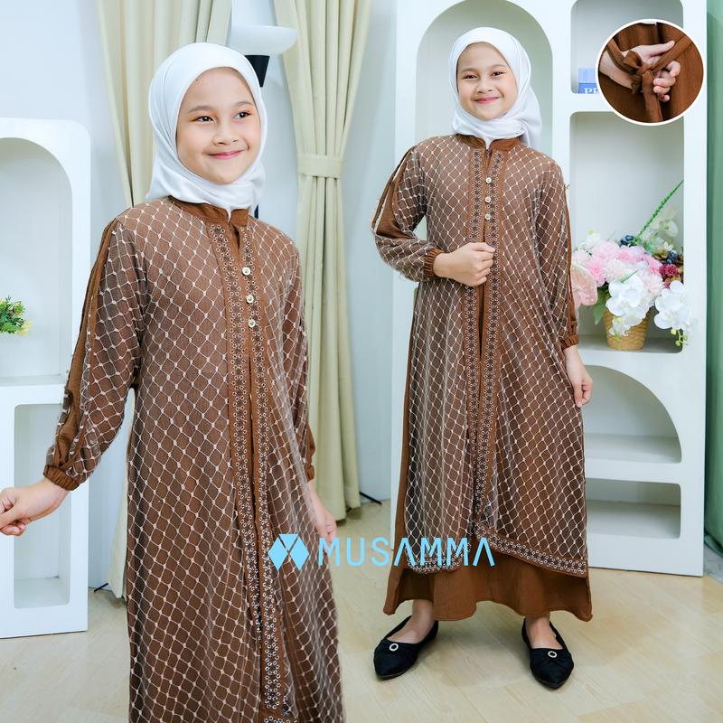 DRESS ANAK RAISA  - Gamis Crinkel Premium Mix Brokat Tile Malika Kancing aktif dan Wudhu Friendly dress anak tanggung 5