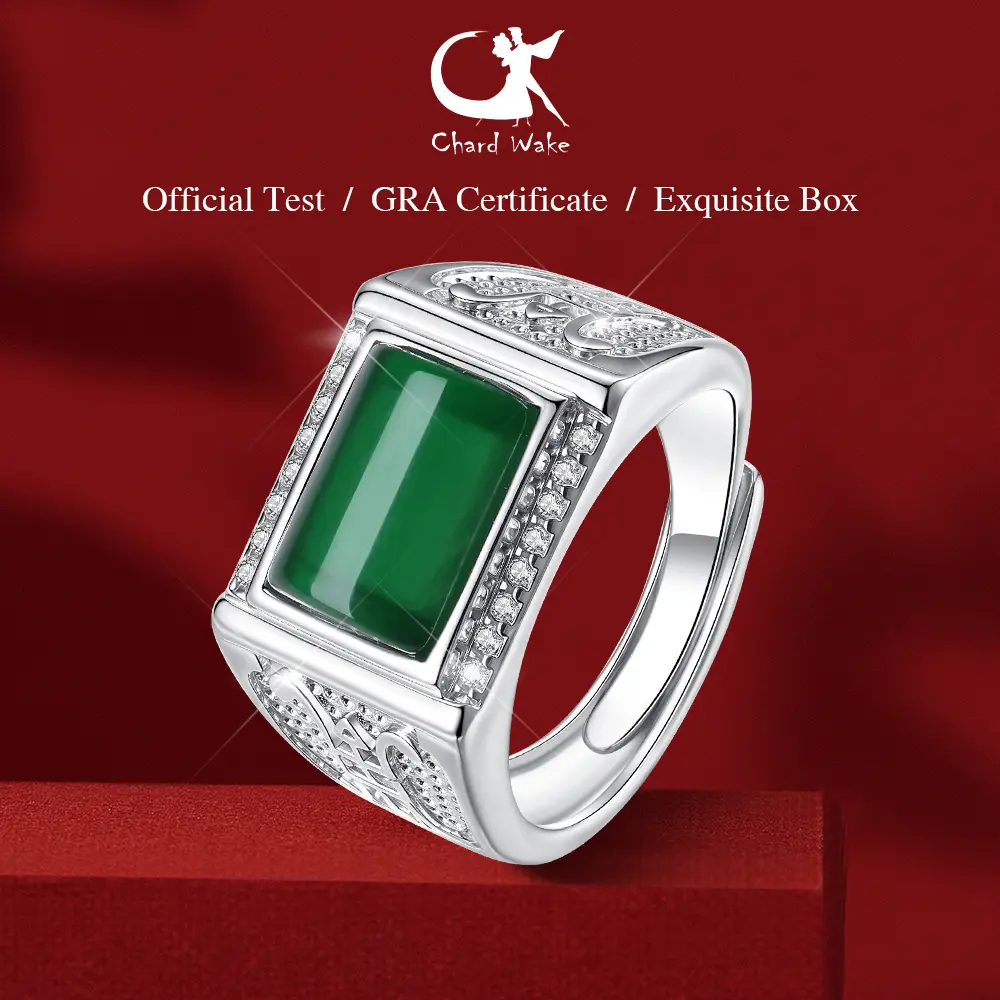 【003Harga telah dibanting, segera di CO】Chard Wake Cincin Pria Berlapis Platinum Vintage Casual Berlian Green Zircon Free Size Cincin Cowok CWR040-Green