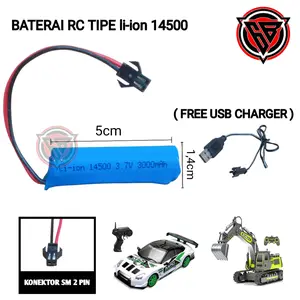 Paket Kabel USB / Kabel Casan + Baterai RC 14500 3000mAh 3,7V Soket Hitam