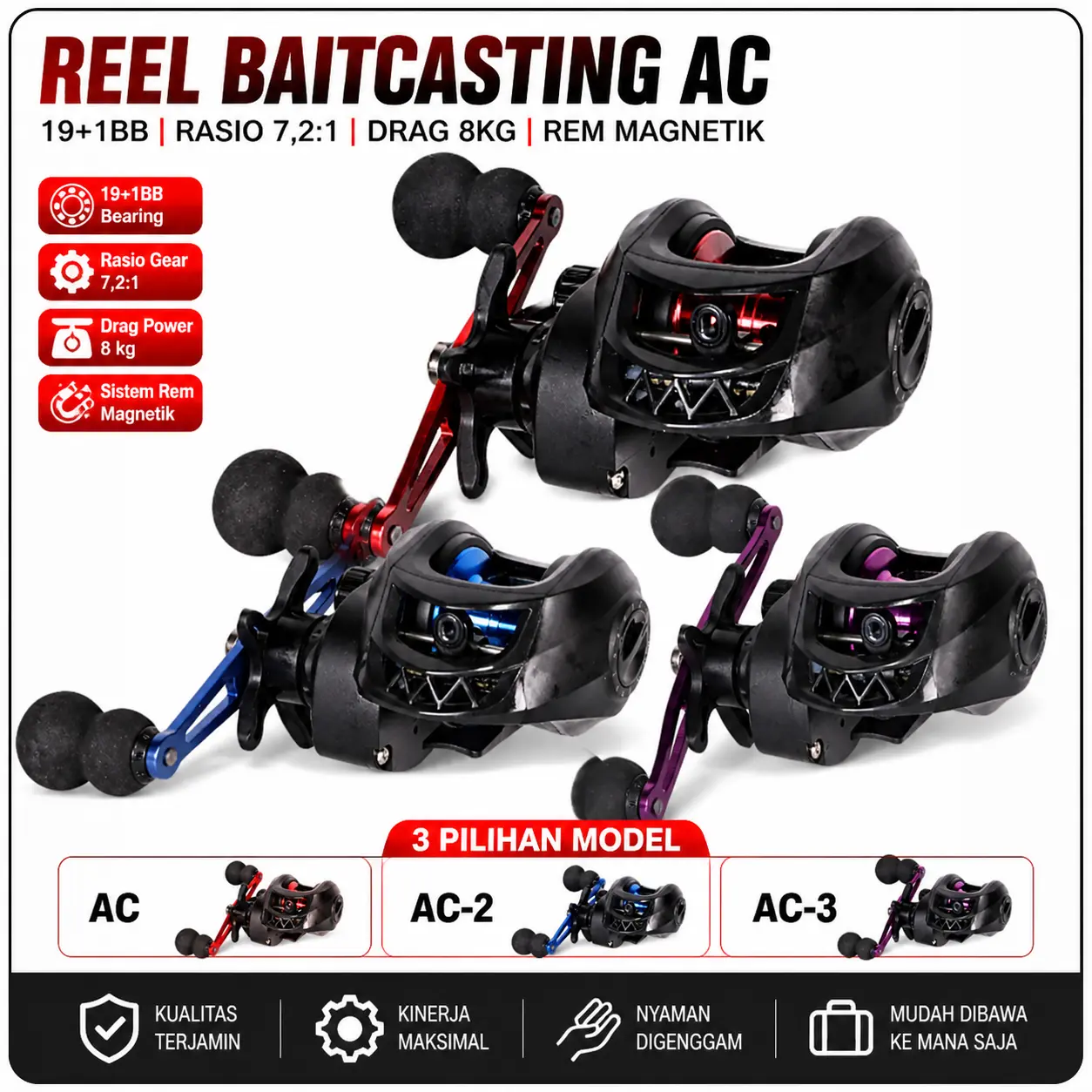 Reel Baitcasting AC 19+1BB Rasio 7,2:1, Spool Aluminium Drag 8 kg dan Sistem Rem Magnetik untuk Casting Presisi; kontrol stabil dan nyaman digenggam; mudah dibawa ke sungai, danau, kolam, atau laut.