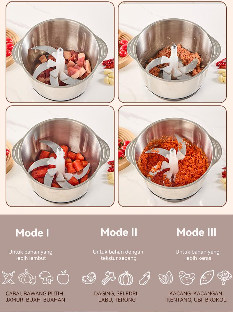 Penggiling/blender daging rumah tangga untuk daging, sayuran, dan buah-buahan, kapasitas 2 liter.