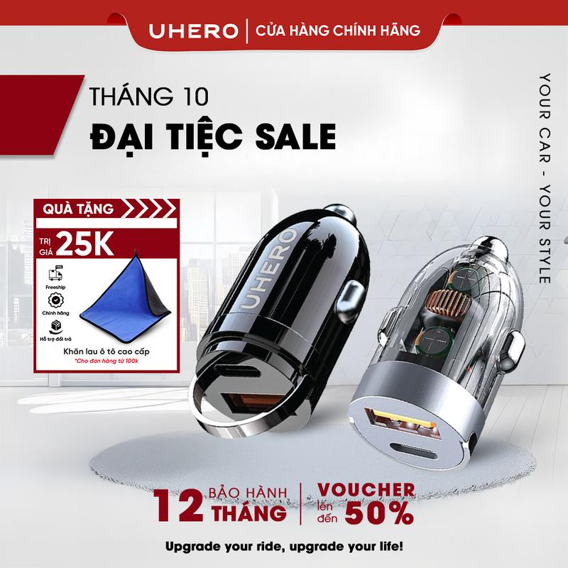 UHERO Tẩu Sạc Nhanh Ô Tô 100W Thiết Kế Nhỏ Gọn Tiện Lợi 2 Đầu USB và TypeC Hỗ Trợ 2 Thiết Bị Đồng Thời Bảo Vệ Thông Minh Phù Hợp Mọi Loại Xe Phụ Kiện Sạc Nhanh 12 Tháng Bảo Hành TSN01