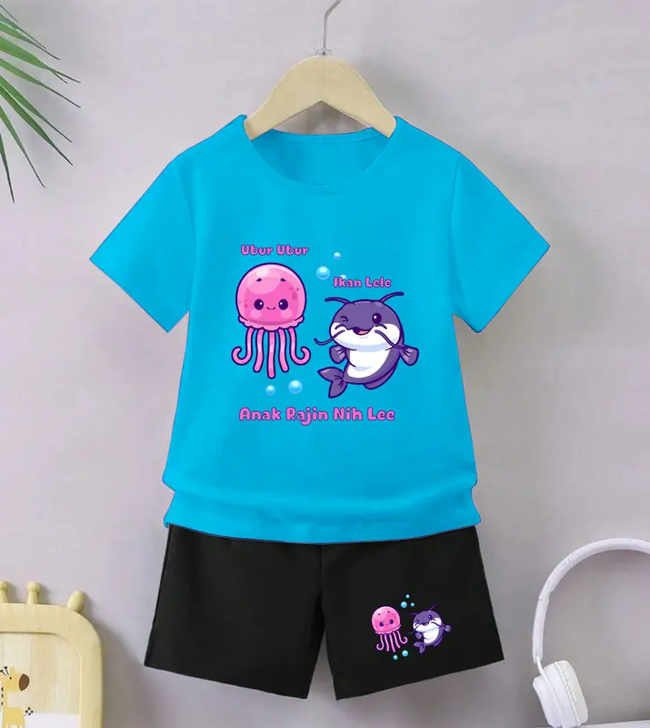 Luwi Kids Setelan Anak Celana Hitam Cewek Cowok Gambar Ubur Ubur Ikan Lele Celana Fashion set Baju 2