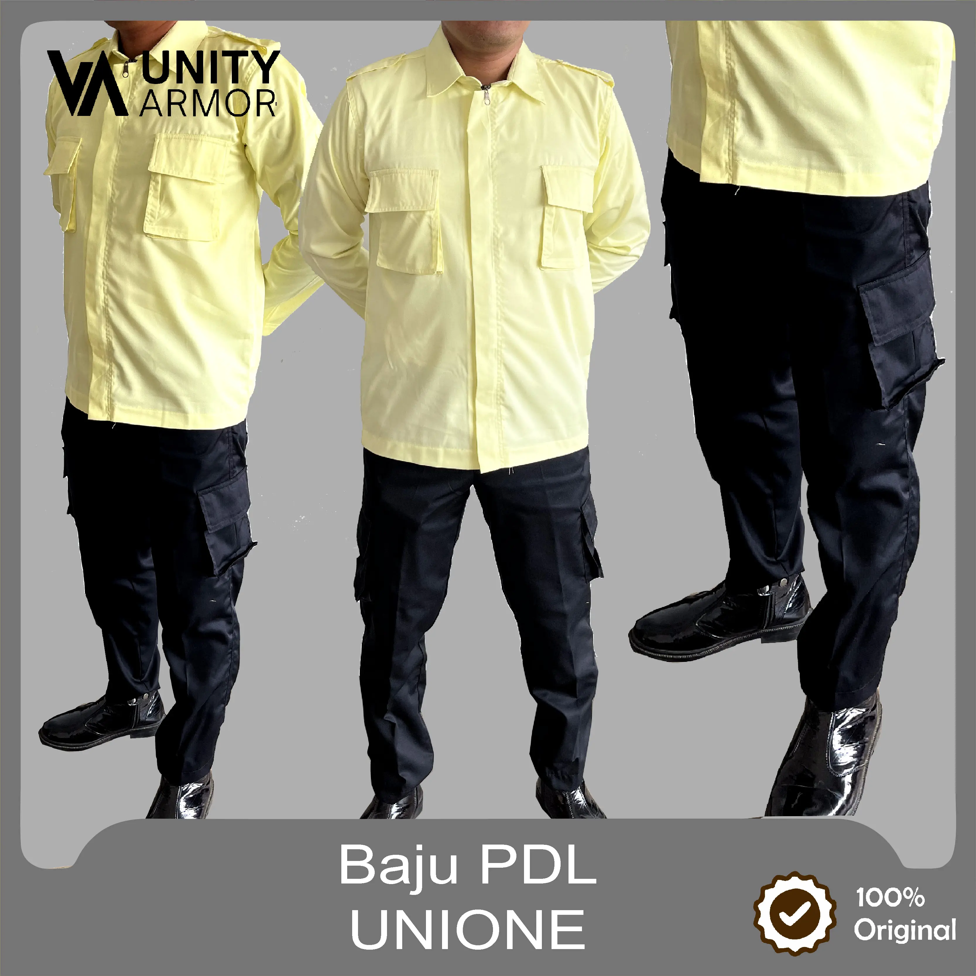 Set Baju PDL Krem Resleting Satpam dan Celana Hitam PDL Satpam untuk Pria - Safety