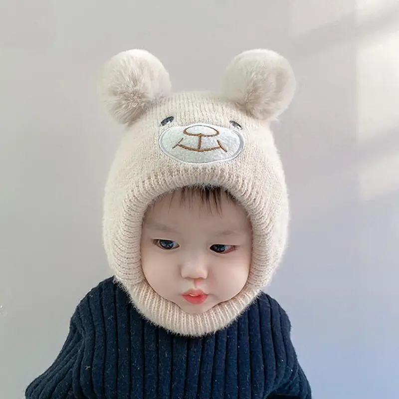 Mũ Len Cho Em Bé Thiết Kế Pompom Gấu Dễ Thương, Ấm Áp Mùa Thu Đông, Thích Hợp Cho Bé Trai Và Bé Gái, Mũ Bảo Vệ Tai, Chống Gió Ngoài Trời, Mũ Đan Cho Trẻ Mới Biết Đi