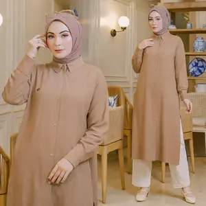 [ Rayon Twill ] [ Ramadhan Sale ] Neyla Long Tunik Rayon Twill Premium | Baju Wanita Tunik Oversize Full Kancing Atasan Basic Muslim Katun Linen Panjang Belah Samping Kerah Kemeja tunic  blouse