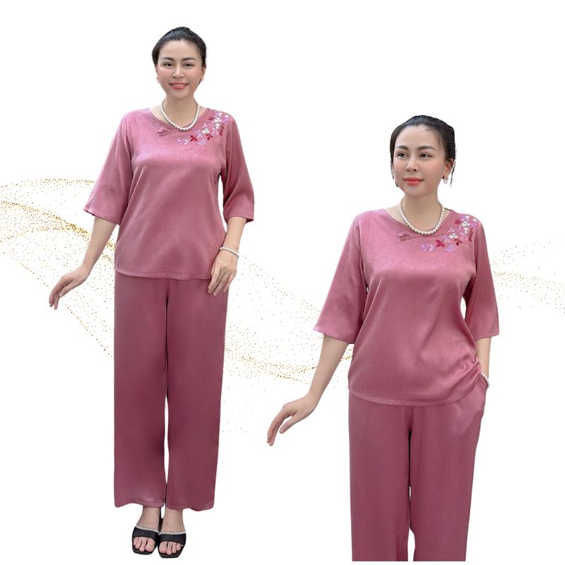  Y14 Đồ Bộ Trung Niên Lụa Ruby Hoạ Tiết Thêu Tinh Tế Sang Nhưng Tươi Trẻ Quần Dài Dễ Mặc Thoải Mái Cho Nữ Chất Liệu Lụa Ruby Cao Cấp Mềm Mại Thoáng Mát 