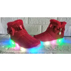 MEGA GUNCANG SALE Sepatu Boot Bulu Anak Perempuan Pita Mutiara Plat Lampu LED