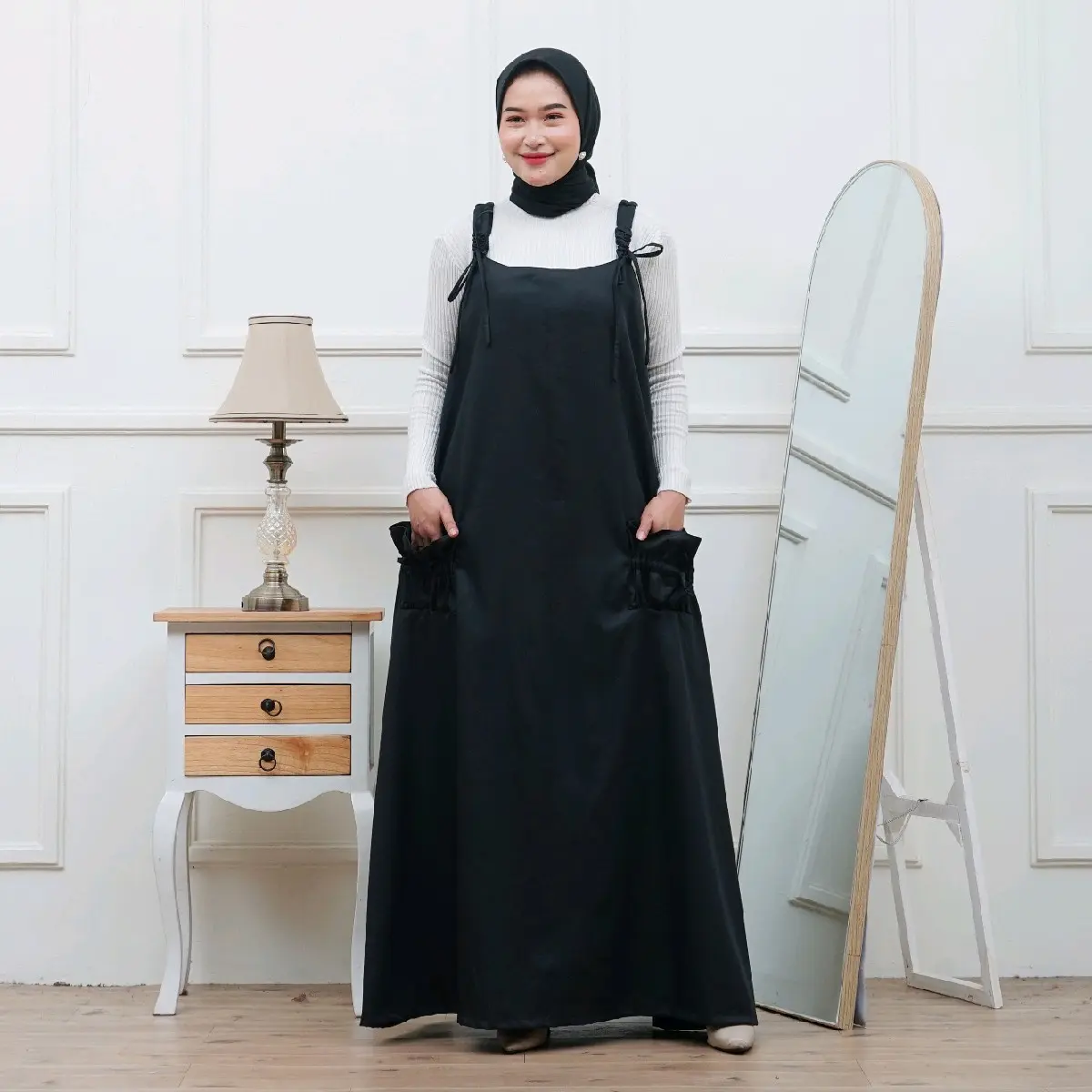 Rhitsuki Overall Gamis Wanita Kekinian Baju Kodok Bahan Katun Toyobo Polos Overall Only Korean Style Jumpsuit Wanita Terbaru Hitam Dewasa