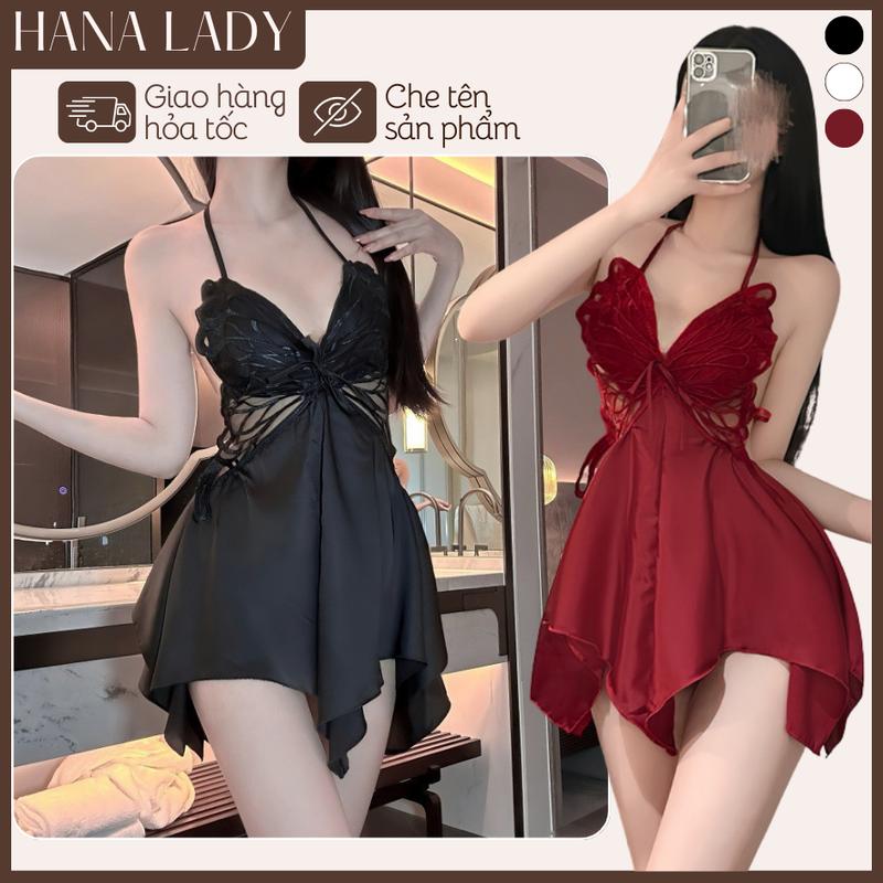  Váy Ngủ Mặc Nhà Lụa Mềm Mại Sẵn Mút Phối Ren Hình Bướm Kèm Quần VN556 