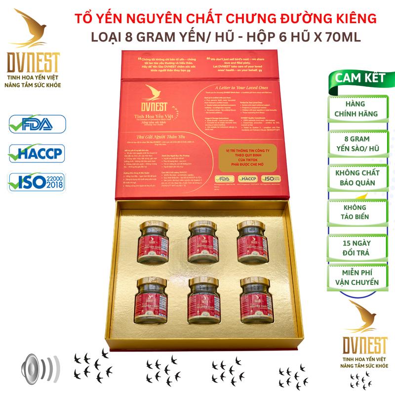 Yến Sào DVNEST - Tổ Yến Nguyên Chất Chưng Đường Kiêng 8gram Yến/ hũ 70ml {Hộp 6 Hũ}; Tổ Yến Nguyên Chất Chưng Đường Phèn 8gram Yến/ hũ 70ml; Tổ Yến Nguyên Chất Chưng Đông Trùng Hạ Thảo 8gram Yến/ hũ 70ml, Của Công Ty Dược Liệu - Yến Sào Đại Việt