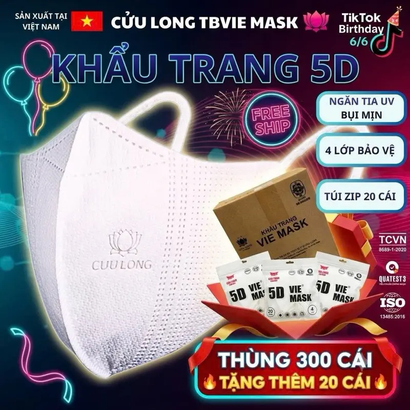 4 LỚP 300 TẶNG 20 5D TBVIE MASK - Khẩu Trang 5D 4 Lớp Kháng Khuẩn Cửu Long -Túi Zip 20 Chiếc - Màu Sắc Đa Dạng