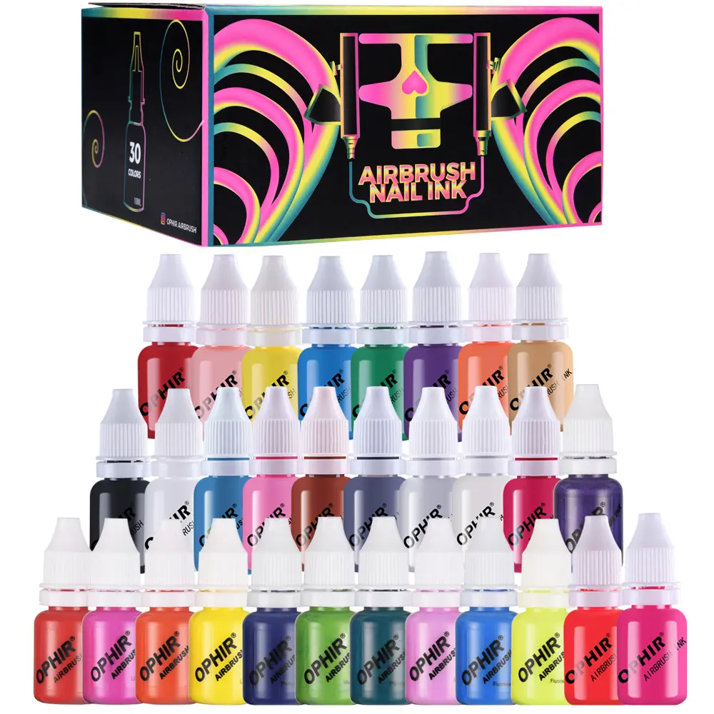 OPHIR 30 Colors Nail Art Inks Airbrush Paint, Acrylic Paint Nail Polish/Pigments for Hobby, Craft, Shoe Painting Nail Stencils Painting 10ML/Bottle Nail Tools