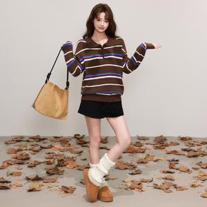 Women's Vintage Striped Knit Sweater Coat, Fall Winter Fashion, Loose Fit Slimming Top, Colorblock Lapel Design, Casual Outerwear 9141# Crewneck Knitwear Womenswear Knitting Longsleeve