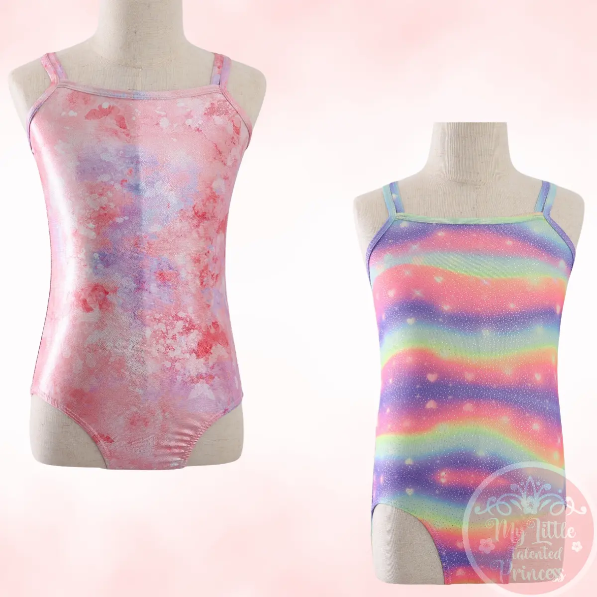 Gymnastic Leotard Tank Top Pink Pelangi Glitter Atasan Gym Anak Double Strap Import