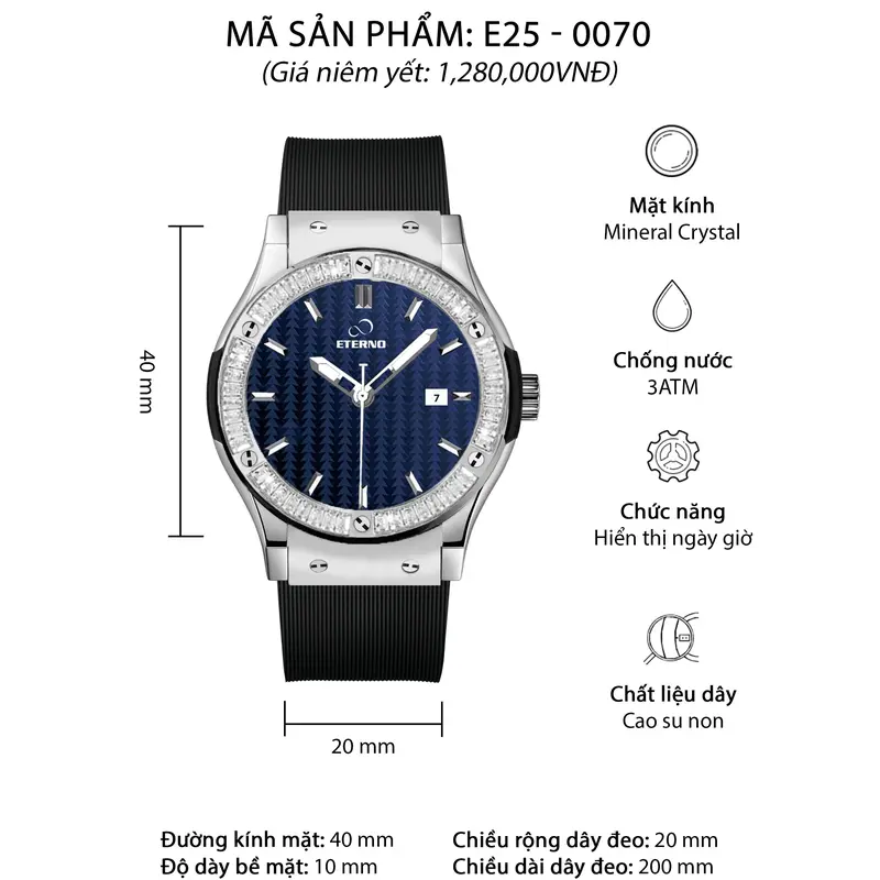 Đồng Hồ Nam ETERNO E25-0070 Dây Cao Su Đen, Viền Đính Đá Cao Cấp _Thời Trang Nam 5