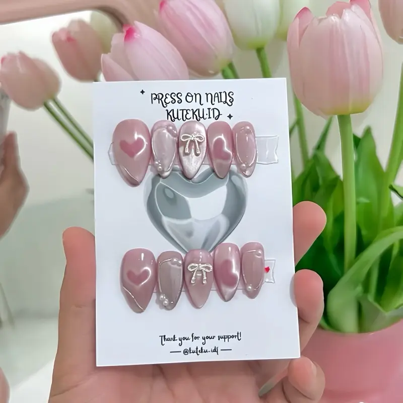 Art Lem Kuku Hand Polish Press On Nails Love V2 Ribbon Cat Eye Kuku Palsu Unik & Menarik Dengan Sentuhan Hati Cocok Untuk Berbagai Kesempatan 0