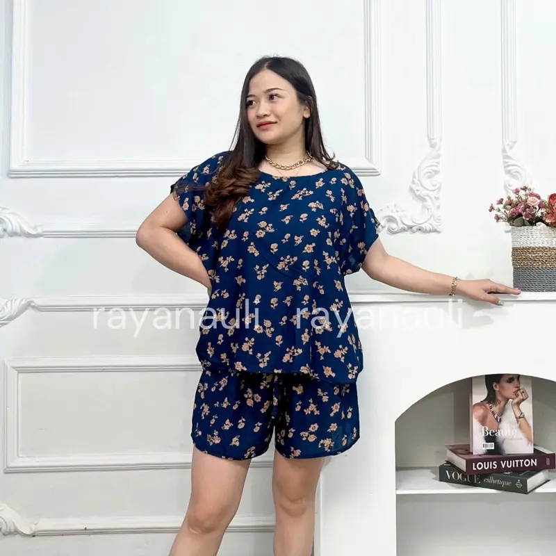 Setelan Baju Tidur Bahan Rayon Bali Wanita Celana Pendek Motif Piyama Dewasa 2