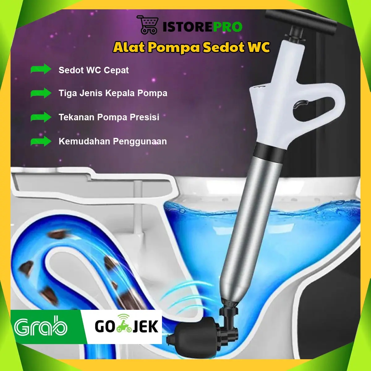Alat Pompa Penyedot Pendorong Saluran Kloset Sedot WC Duduk Toilet Anti Mampet Tersumbat Plunger High Pressure 3in1