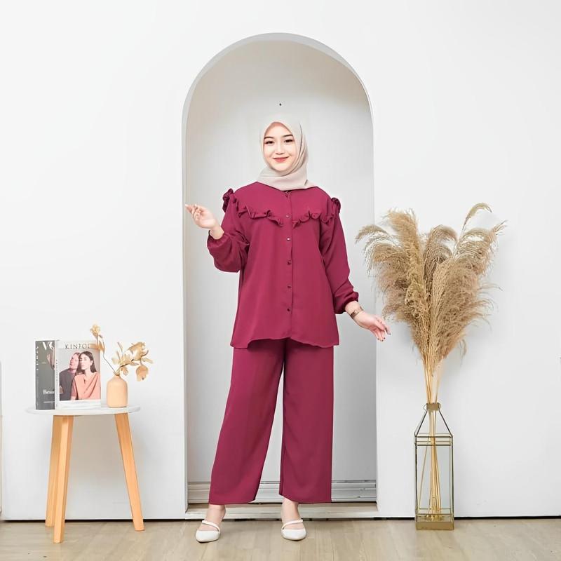 Product Introduction of setelan wanita one set outfit remaja terbaru oversize Sena baju wanita jumbo xl xxl one set kekinian simple  Crinkle Muslim Airflow Celana Panjang Kulot Remaja setelan wanita jumbo Atasan Casual Dewasa Tunik Katun Bawahan Nyaman Santai Harian 4