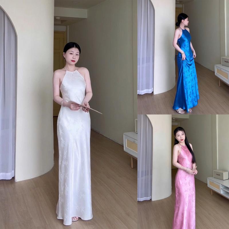  Đầm Lụa Yếm Gấm Form Dài Váy Lụa Gấm 2 Lớp Không Mút Không Dây Kéo Đi Chơi Dự Tiệc 