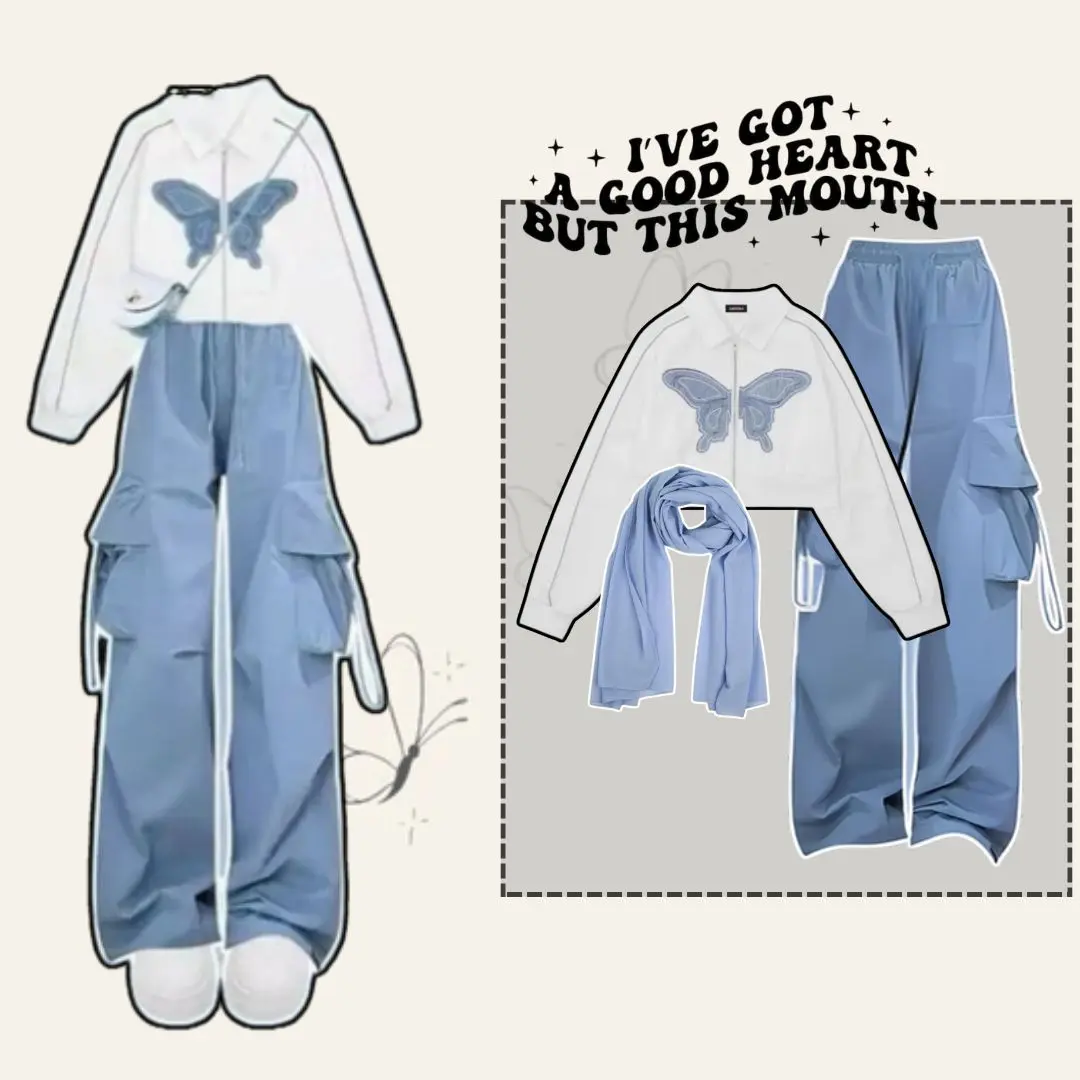 One Set Korean Style | 3in1 Ootd Terbaru | Outfit Remaja Kekinian Korea | Setelan Jacket Crop Celana cargo Jilbab-Nn064 Atasan Wanita
