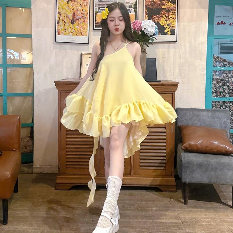  P229 - Đầm babydoll tiểu thư Triệu Lộ Tư cổ yếm hở lưng viền bèo lệch vai hot hit có kèm quần bảo hộ 