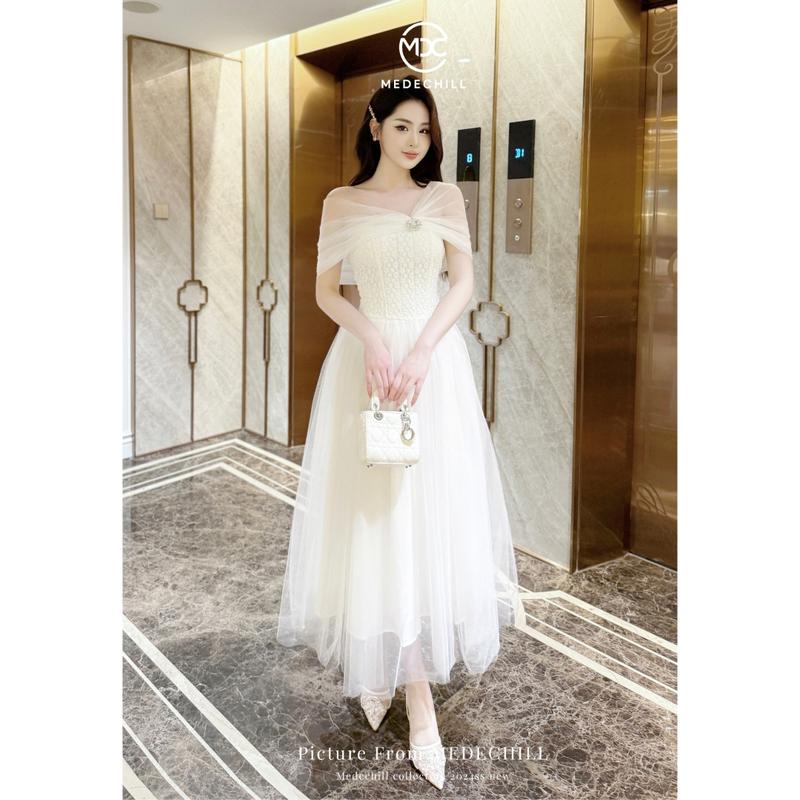 Đầm Trắng Đi Tiệc Đám Cưới Cao Cấp MEDECHILL Váy Ren Phối Lưới Trễ Vai Dáng Dài Tôn Dáng Tiểu Thư T40