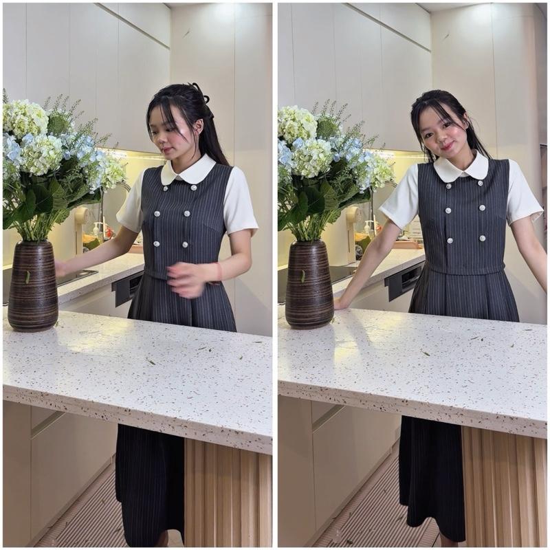 Váy thiết kế HAMY kẻ ghi liền thân phối cổ phối tay dáng dài xoè phù hợp đi làm đi chơi