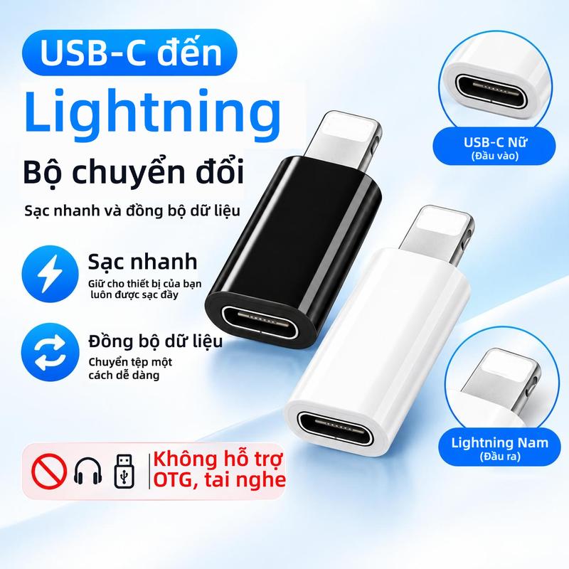 Bộ chuyển đổi USB‑C sang Lightning (cổng cái USB‑C sang đầu Lightning), hỗ trợ sạc nhanh và đồng bộ dữ liệu, dùng cho iphone 14/13/12/11 Pro Max/XR/XS/8/7/SE và iPad