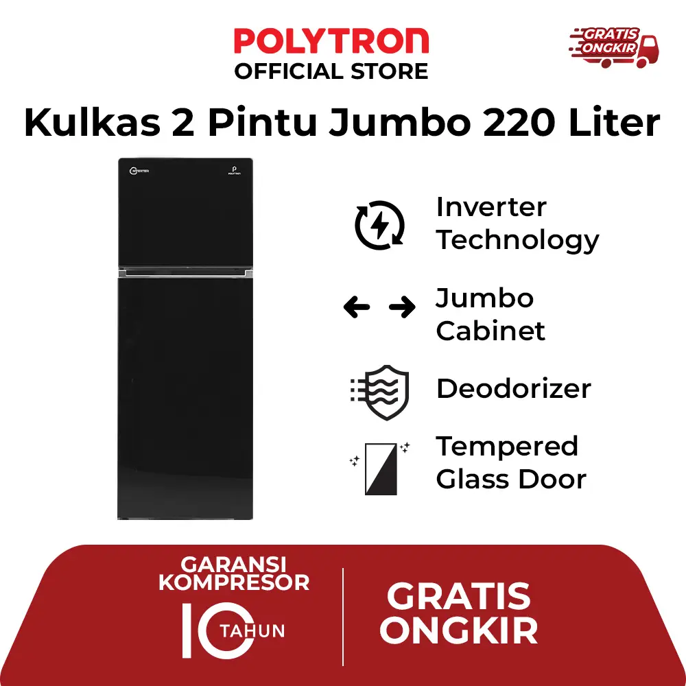 POLYTRON Kulkas 2 Pintu 220 Liter Inverter Belleza JUMBO PRW 23VX