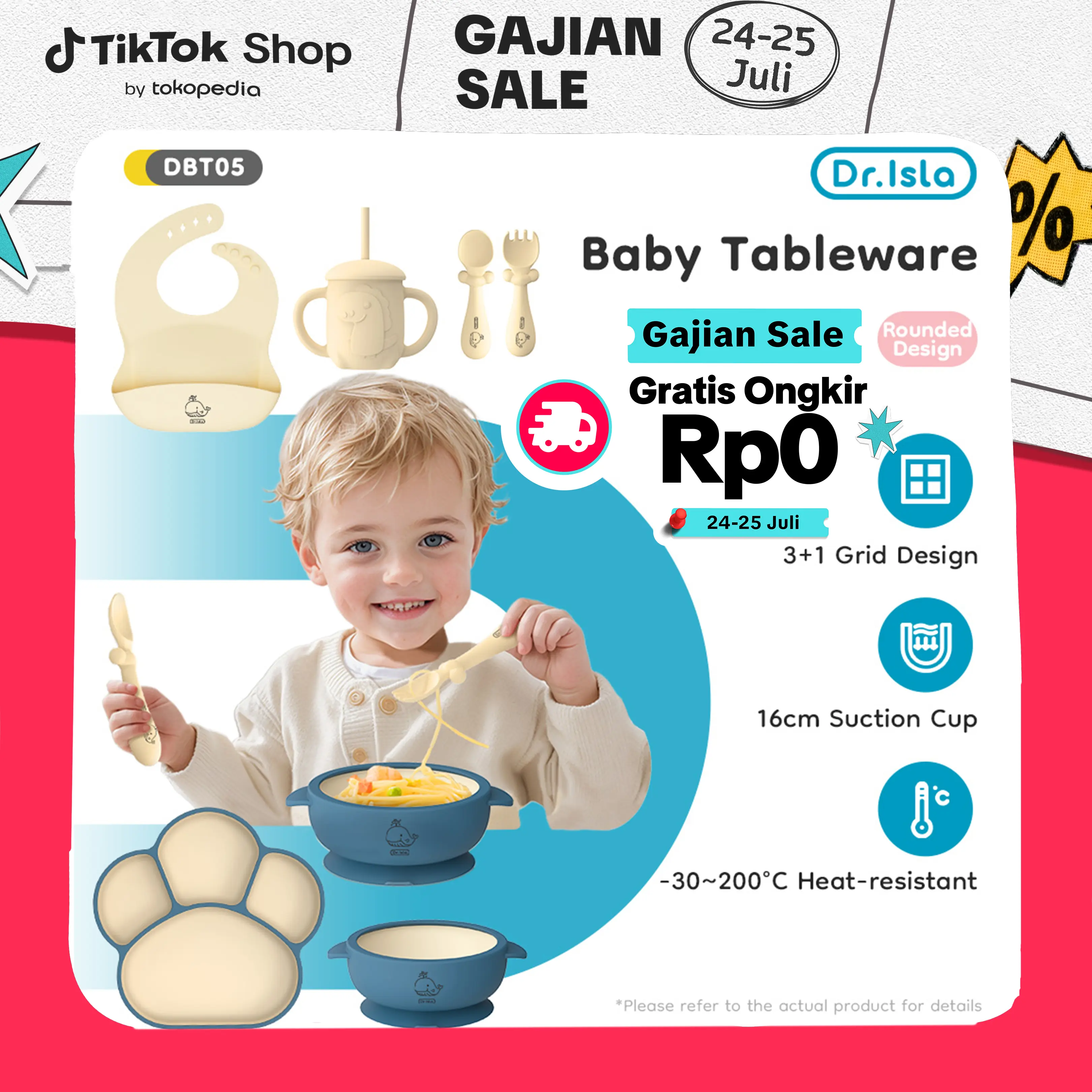 【Gratis Ongkir】Dr.Isla BT05 Peralatan Makan Bayi Set 6Pcs Silikon BPA Free Piring Mangkuk Sendok Botol Minum Anak Kotak Hadiah Heat-resistant 3+1 Grid