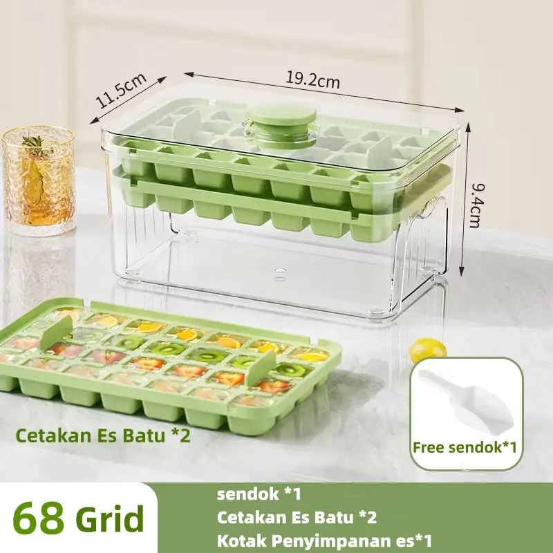 Cetakan Es Batu Kotak Ice 68 Grid 2 Tray/Ice Cube Container Free Sekop Es Ice Tray Box Dengan Press Handle Sekali Tekan