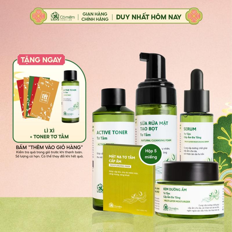 COMBO TẶNG QUÀ MIỄN PHÍ Bộ Chăm Sóc Da Chuyên Sâu Gồm Sữa Rửa Mặt Toner Serum Kem Dưỡng Mặt Nạ Hỗ Trợ Ngăn Ngừa Lão Hoá Căng Mịn Từ Tơ Tằm Cỏ Mềm 440ml