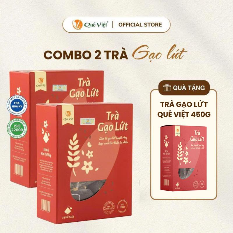   Mua 2 tặng 1  Mua 2 hộp Trà gạo lứt Quê Việt - Hộp 450g  30 túi lọc x 15g  + tặng 1 hộp trà gạo lứt Quê Việt 450gr  30 túi x 15g  